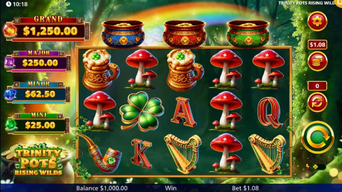 Tampilan antarmuka seluler permainan slot Trinity Pots Rising Wilds dengan tema Irlandia yang ceria