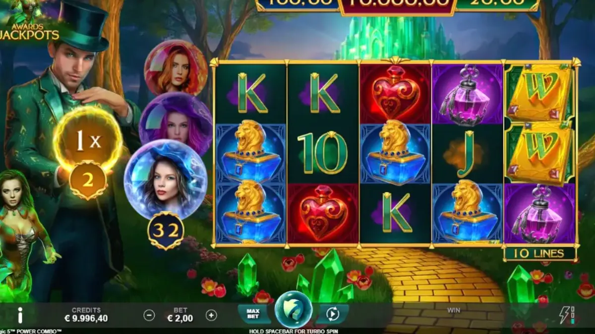 Pemandangan magis dari slot Book of Oz Magic 5 Power Combo dengan latar belakang Emerald City