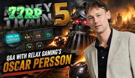 Tampilan visual dari permainan slot Money Train 5 dengan latar belakang stasiun kereta api yang futuristik.