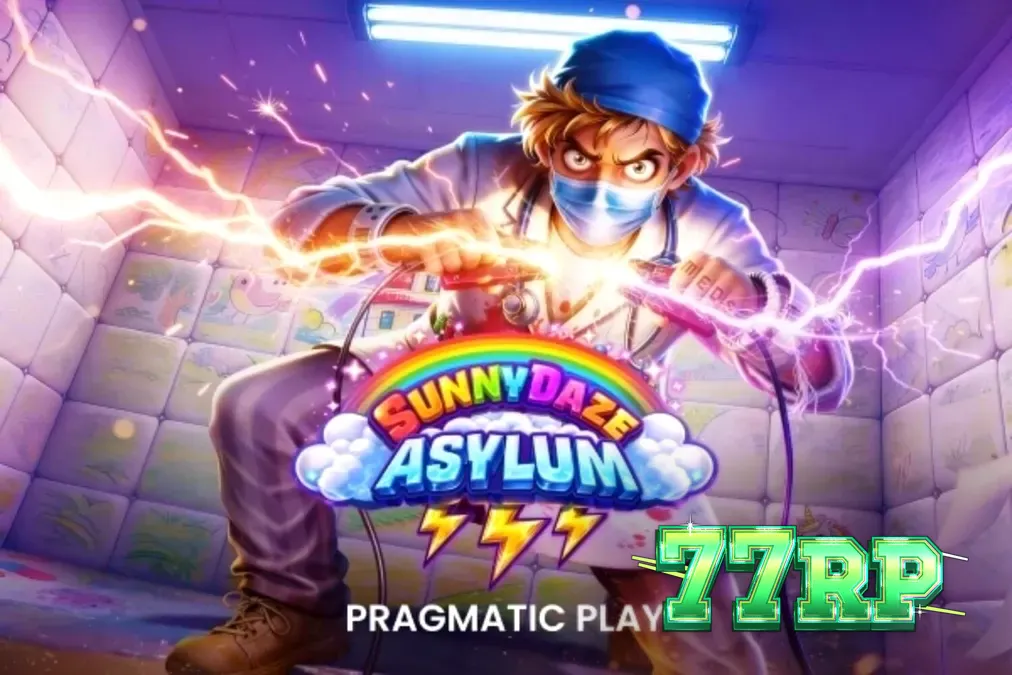 Tampilan visual slot Sunnydaze Asylum dengan tema neon dan rumah sakit